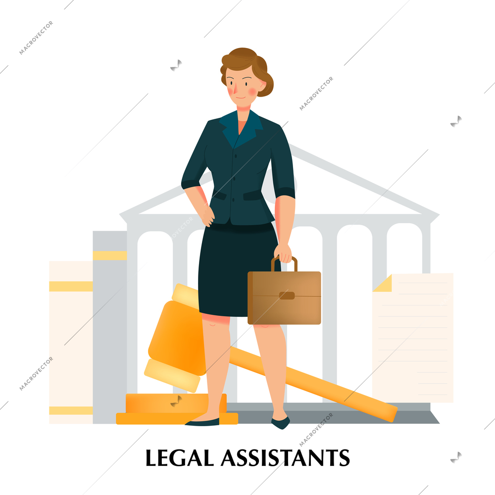 Female legal assistants concept with law symbols flat vector illustration