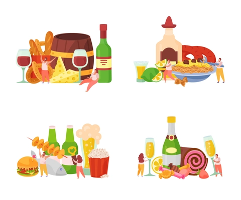 Alcoholic drinks cocktails party aperitif with beer wine cheese cake snacks beer 4 flat compositions vector illustration