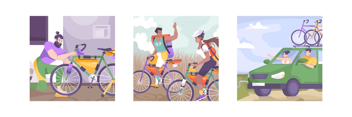 Three flat bike tourism illustration set with car ride walking and travel fees vector illustration