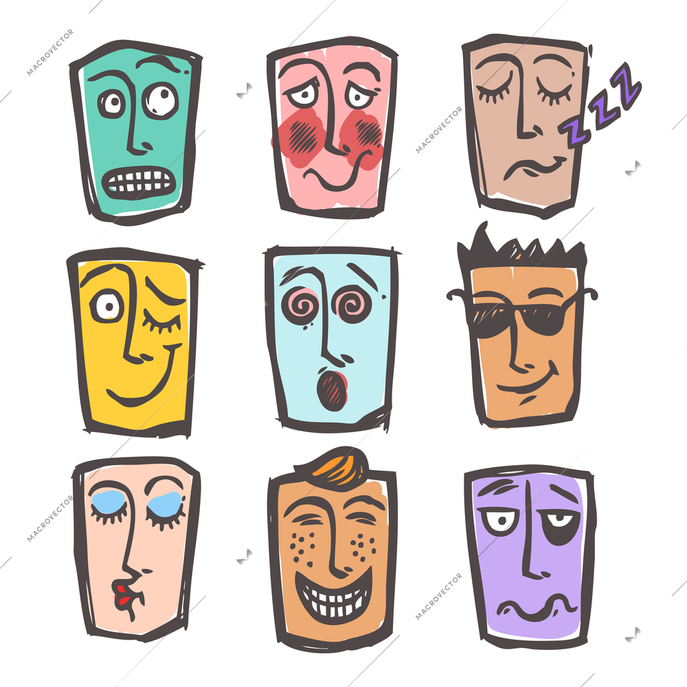 Sketch emoticons face expressions and emotions colored icons set of cool scared laughing man isolated vector illustration