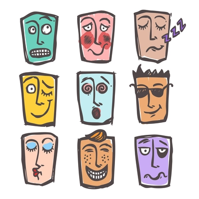 Sketch emoticons face expressions and emotions colored icons set of cool scared laughing man isolated vector illustration