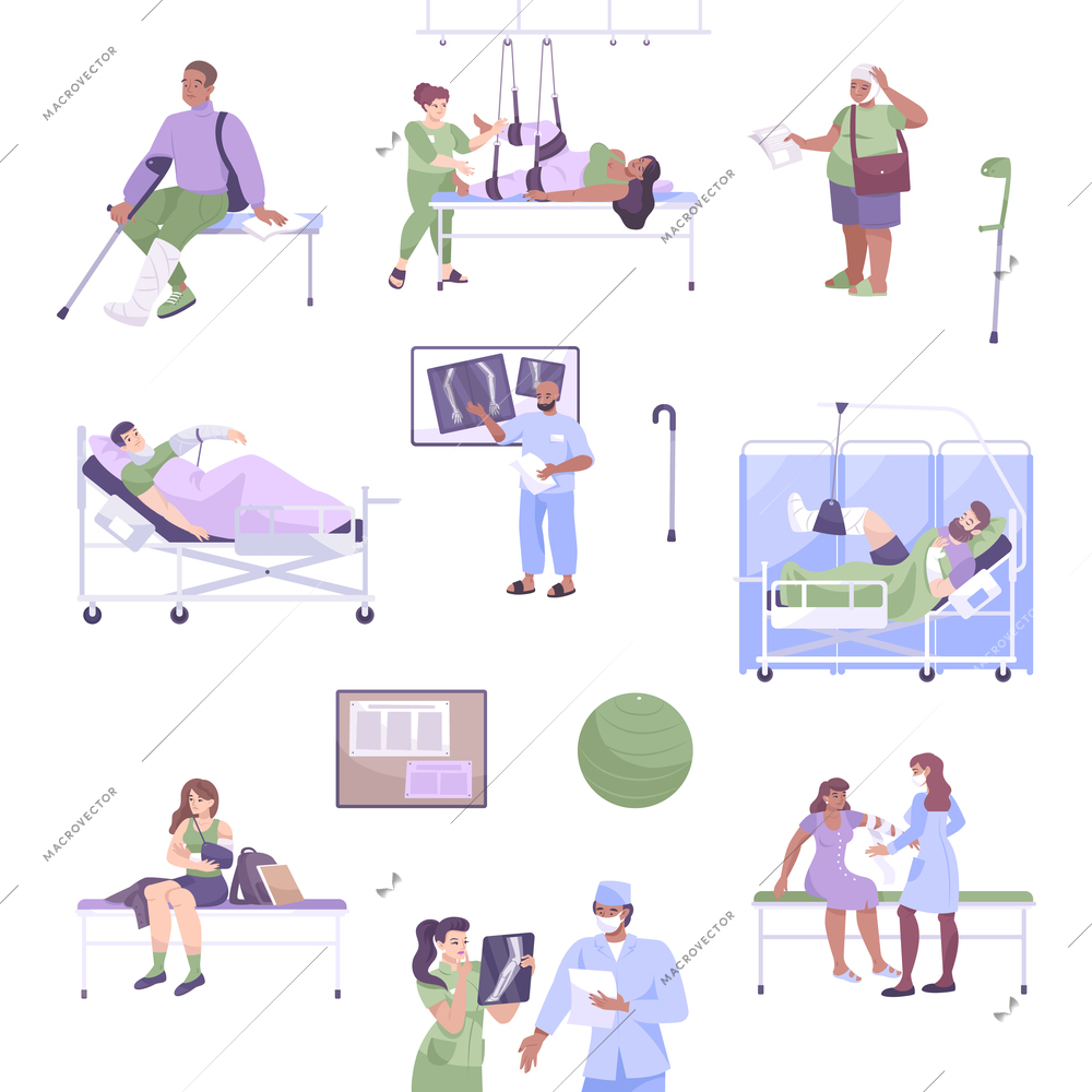 Flat fracture icon set patients with injuries and fractures xray and doctor s consultation vector illustration