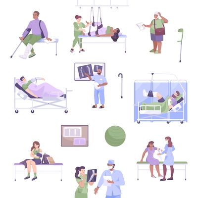 Flat fracture icon set patients with injuries and fractures xray and doctor s consultation vector illustration