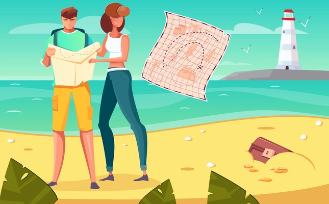 Treasure hunt flat background with couple holding map looking for chest on sandy beach vector illustration