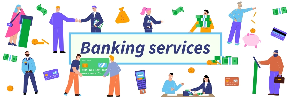 Banking services headline bank flat pattern with isolated figures of bank equipment clients and managers vector illustration