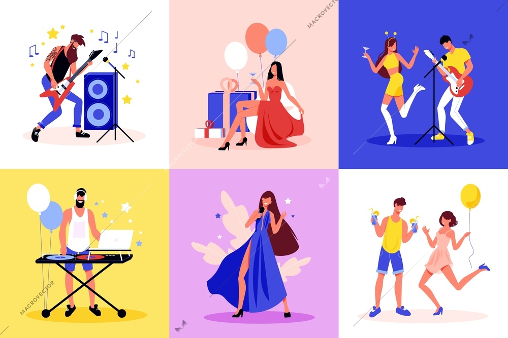 Party celebration concept 6 flat colorful compositions with playing electric guitar singing dancing balloon decorations vector illustration