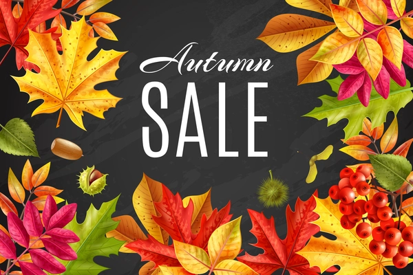 Realistic fall sale chalkboard frame background with space for editable text surrounded by faded leaves foliage vector illustration