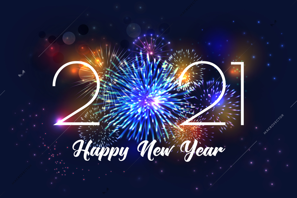 Realistic fireworks 2021 background composition of editable text and firework display images with colourful glowing particles vector illustration