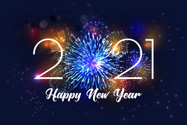 Realistic fireworks 2021 background composition of editable text and firework display images with colourful glowing particles vector illustration