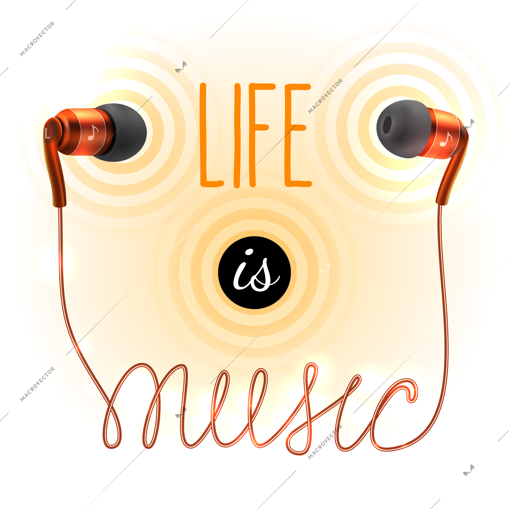 Orange headphones earplugs with life is music letters poster vector illustration