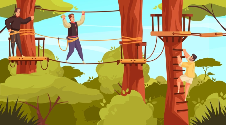 Outdoor activities composition with forest landscape and view of ropes course with tree stairs and people vector illustration