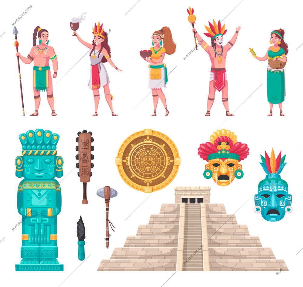Maya ancient civilization architectural monuments staircase temple sculpture artifacts people cartoon set isolated vector illustration  vector illustration
