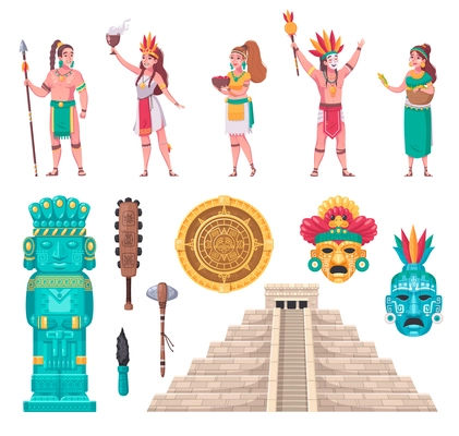 Maya ancient civilization architectural monuments staircase temple sculpture artifacts people cartoon set isolated vector illustration  vector illustration