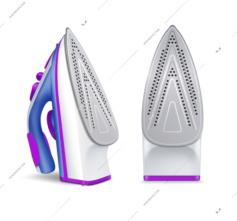 Realistic iron ironing icon set with two position of irons blue and violet colors vector illustration
