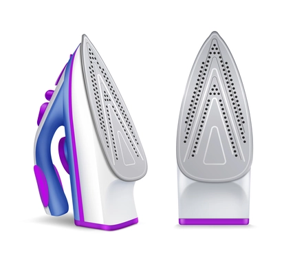 Realistic iron ironing icon set with two position of irons blue and violet colors vector illustration