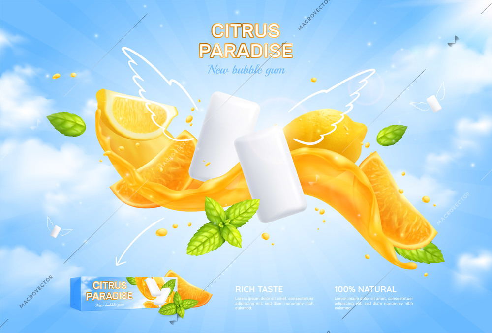 Bubble gum realistic poster with citrus paradise symbols  vector illustration