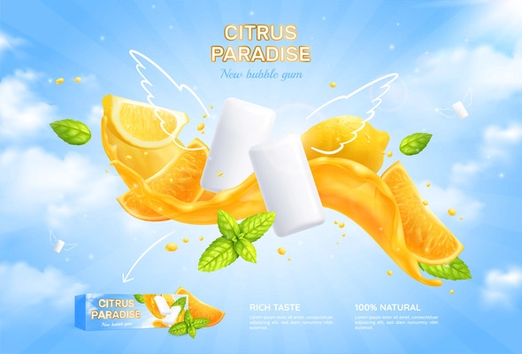 Bubble gum realistic poster with citrus paradise symbols  vector illustration