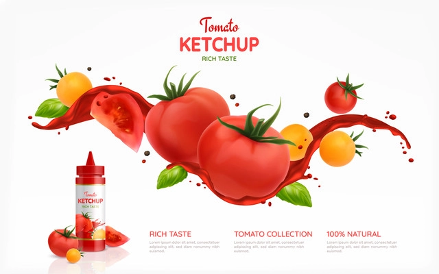 Tomatoes ketchup realistic poster with rich taste symbols vector illustration