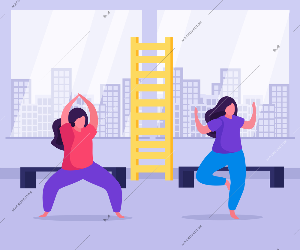 Self care concept flat and colored background with two women in yoga class vector illustration