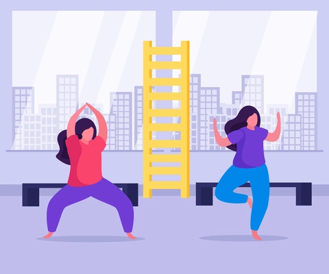 Self care concept flat and colored background with two women in yoga class vector illustration