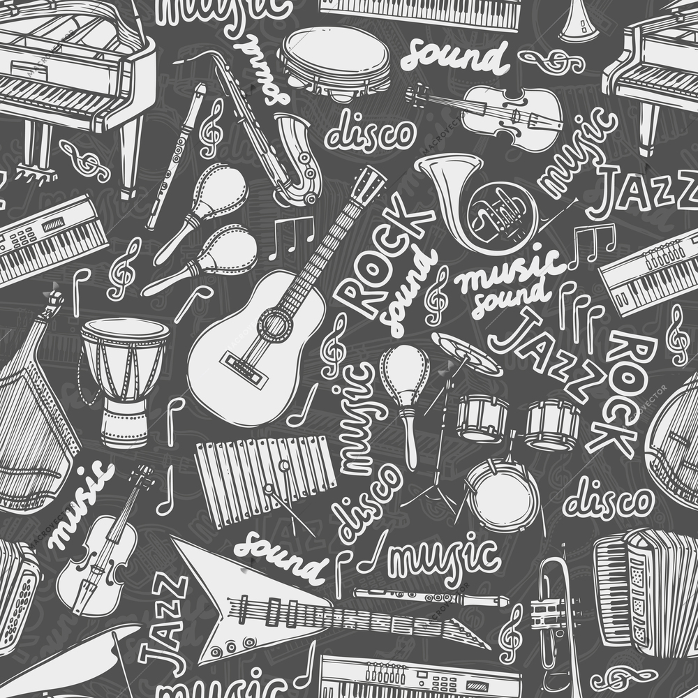 Musical instruments and music elements chalkboard seamless pattern vector illustration