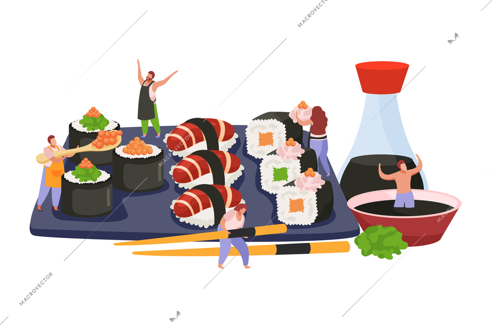 Flat and colored sushi composition with sushi set soy sauce and wasabi vector illustration