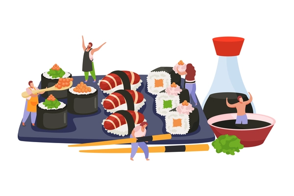 Flat and colored sushi composition with sushi set soy sauce and wasabi vector illustration