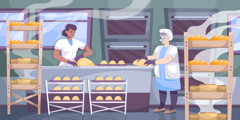 Bakery production composition with view of kitchen with racks and multiple ovens with bakers preparing bread vector illustration