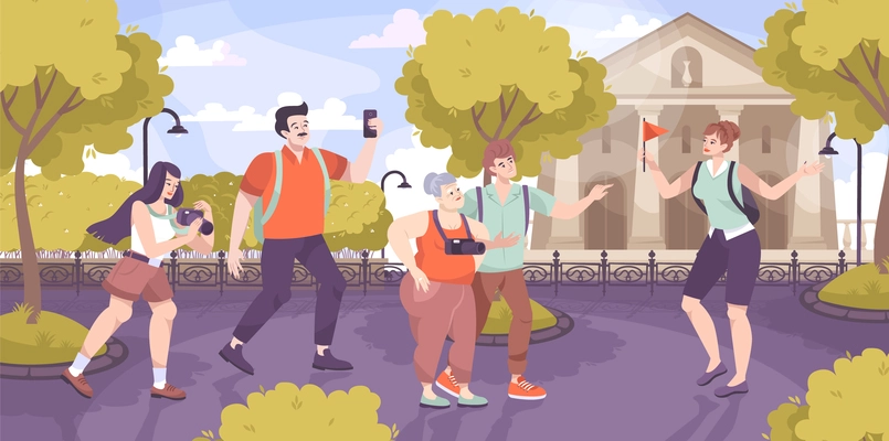 Guide excursion flat composition with group of tourist characters and guide with flag in city park vector illustration