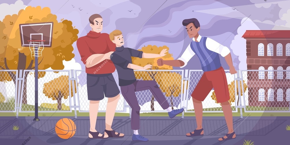 Teenagers hooligan flat composition with school yard scenery and characters of fighting teenagers on basketball playground vector illustration