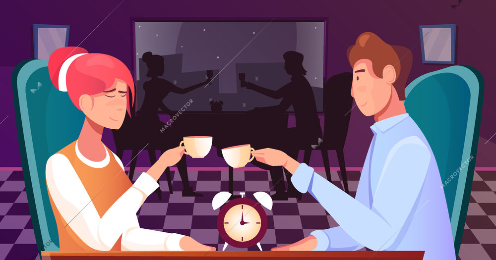 Speed dating flat composition with indoor club scenery and doodle characters of couple with alarm clock vector illustration