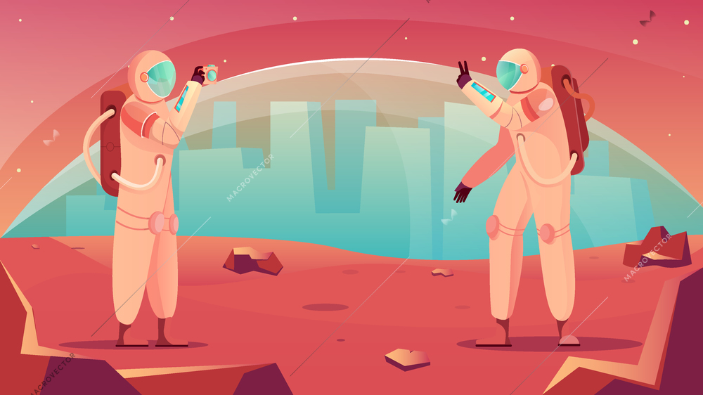 Space tourism flat composition with extraterrestrial base background with cityscape and characters of astronauts taking photos vector illustration