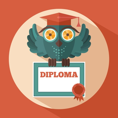 Blue owl in graduation cap holding diploma flat vector illustration