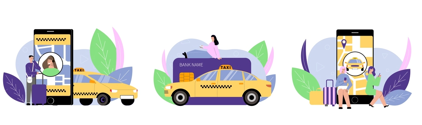 Taxi service set of three flat compositions with smartphone apps cars and people with credit card vector illustration