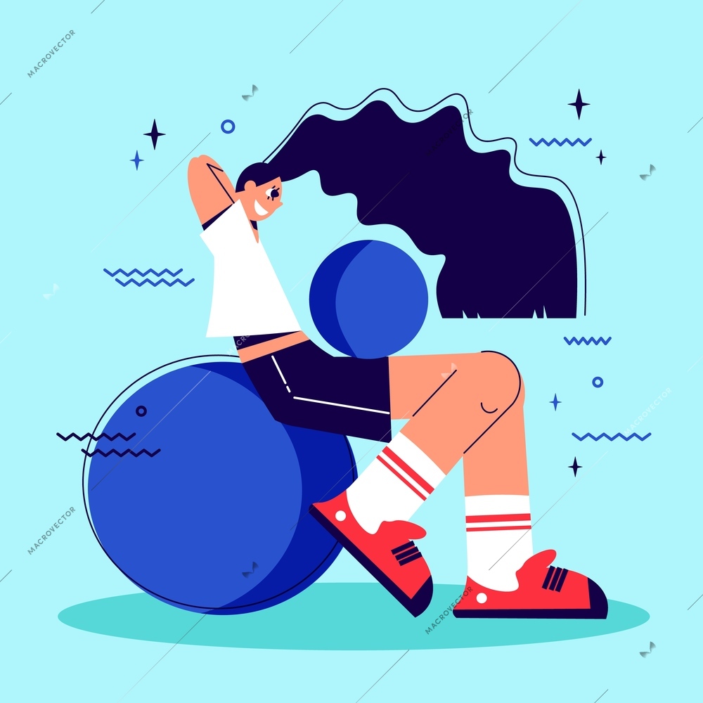 Fitness composition with female character with flat images of exercise balls with stars and wave signs vector illustration