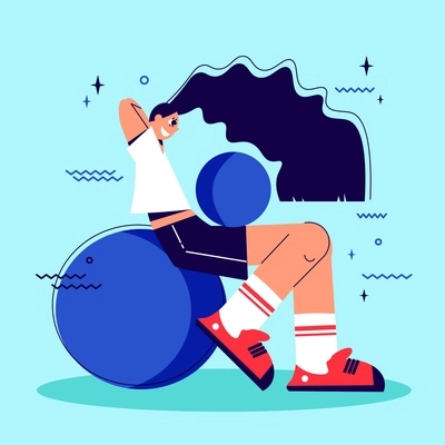 Fitness composition with female character with flat images of exercise balls with stars and wave signs vector illustration