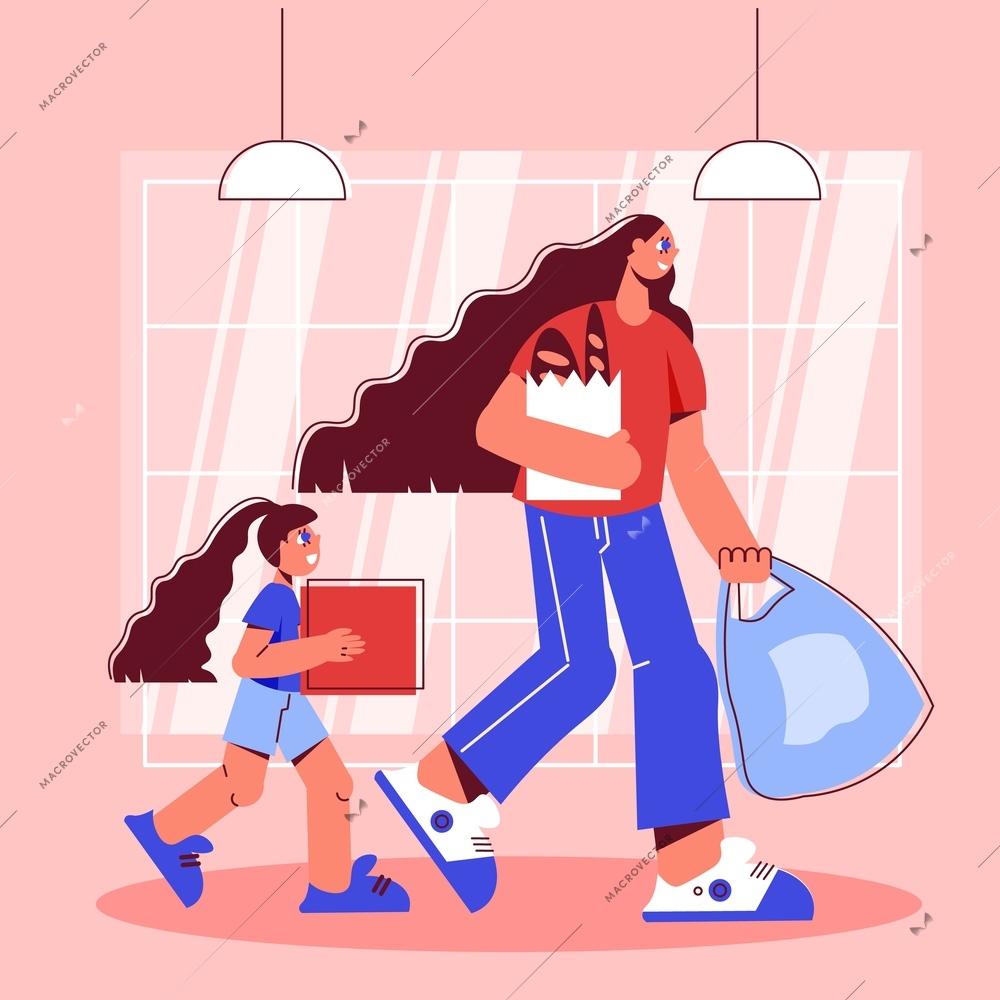 Shopping composition with characters of mother and daughter with shop bags filled with goods and food vector illustration