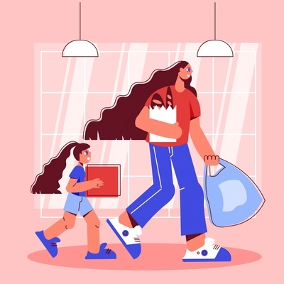 Shopping composition with characters of mother and daughter with shop bags filled with goods and food vector illustration