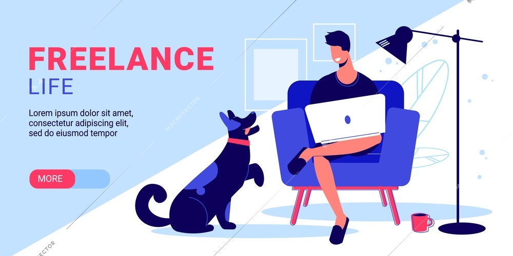 Freelance people work horizontal banner with sitting man laptop dog and text with slider more button vector illustration