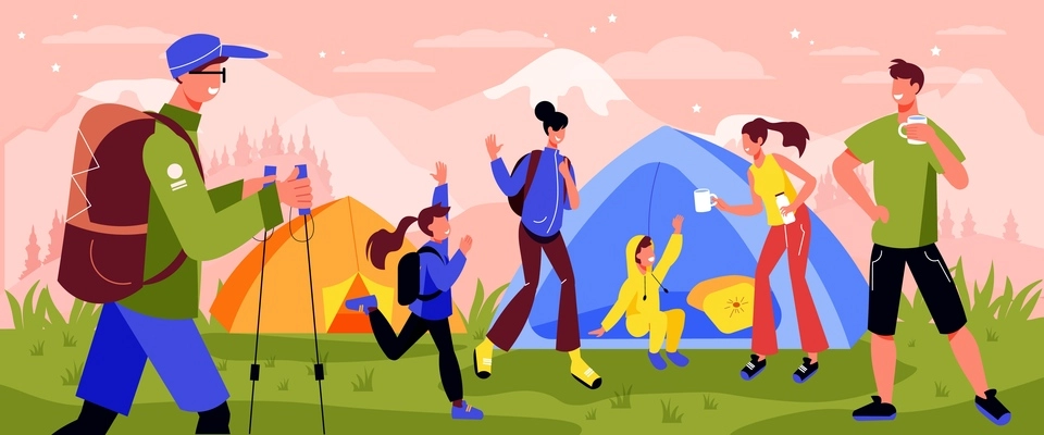 Family active holidays camping composition with outdoor mountain scenery and tents with adults and kids characters vector illustration