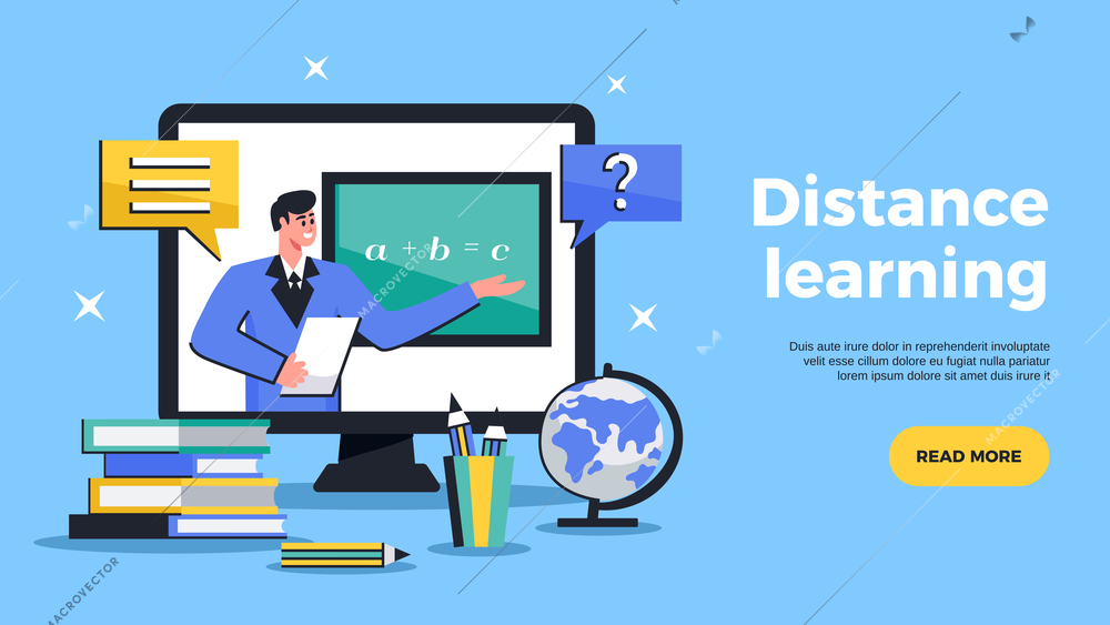 Distance learning flat web banner advertising online education tutoring with sharing computer screen horizontal vector illustration