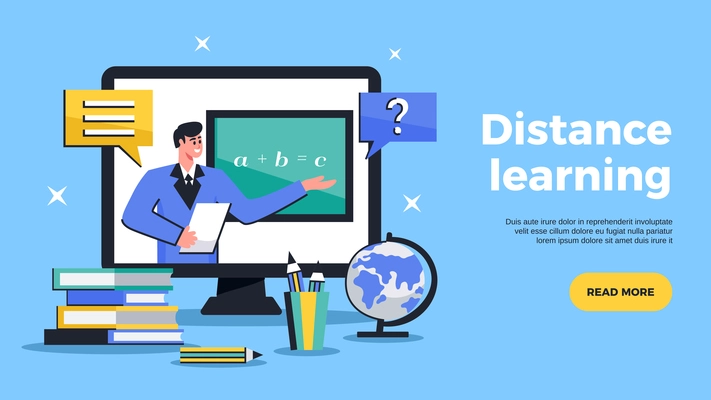 Distance learning flat web banner advertising online education tutoring with sharing computer screen horizontal vector illustration