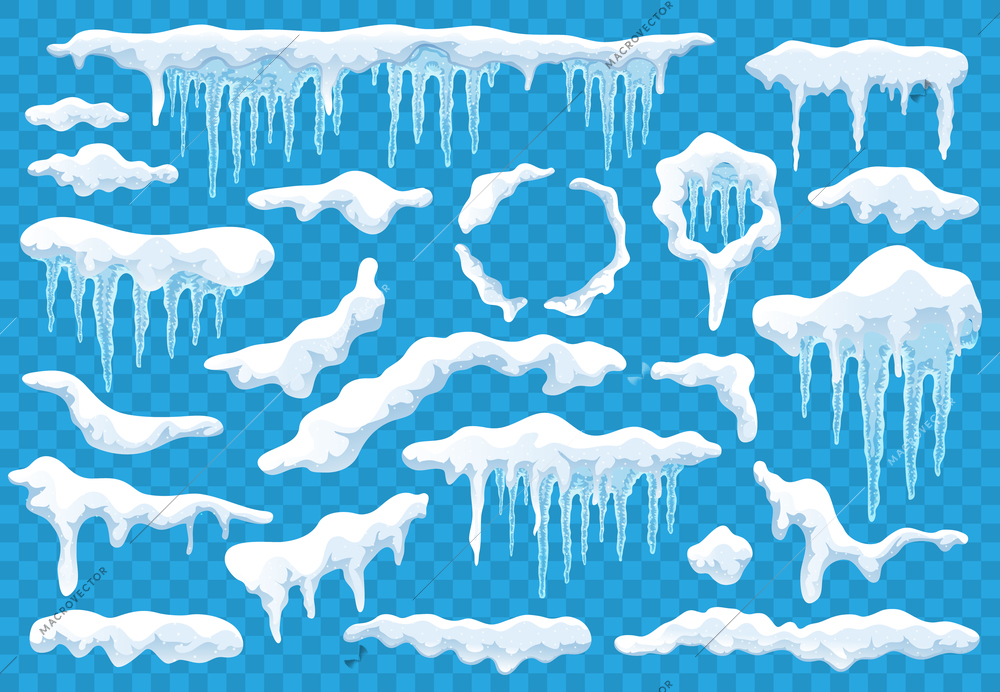 Ice caps icicles snowballs realistic white blue winter snowy elements set light transparent background vector illustration