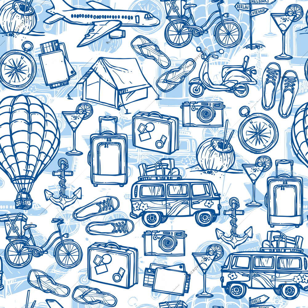 Travel holiday vacation blue hand drawn seamless pattern with tourist transport vector illustration