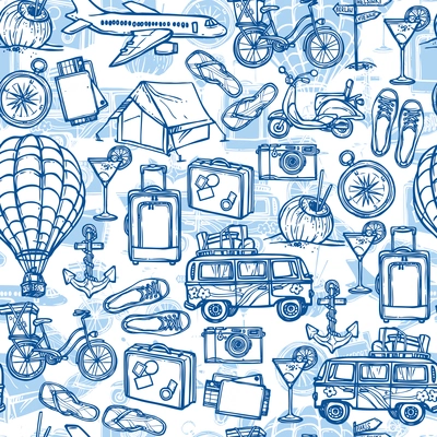 Travel holiday vacation blue hand drawn seamless pattern with tourist transport vector illustration