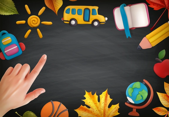 Plasticine modeling clay school composition with chalkboard background surrounded by autumn leaves hands and childish works vector illustration