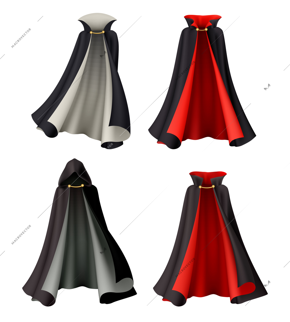 Halloween witch vampire cloak set with realistic images of magic gowns festive costumes on blank background vector illustration