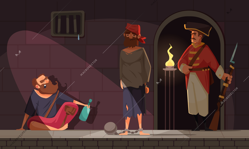 Pirate composition with indoor view of dungeon cell and characters of imprisoned pirates with prisoner guard vector illustration