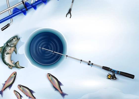 Winter fishing banner composition of realistic fish images with hole in ice and fish tackle icons vector illustration