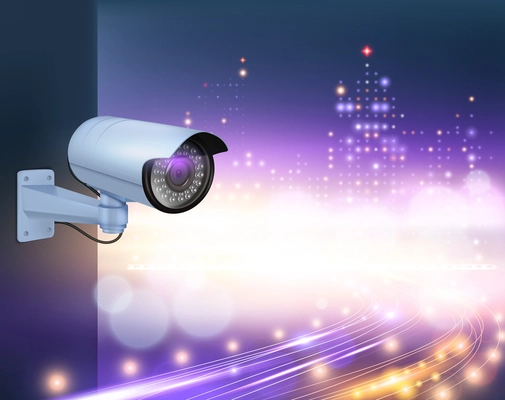 Video surveillance security cameras realistic composition with image of wall camera with night city lights background vector illustration